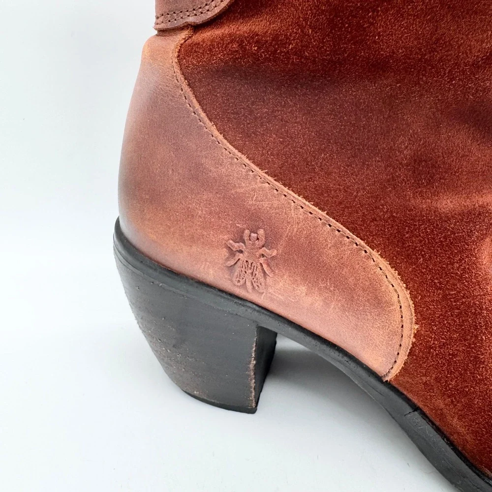 FLY LONDON Hota Suede Heeled Ankle Boots In Oilsu/Rug Brick Sz 40 Hippie Comfort